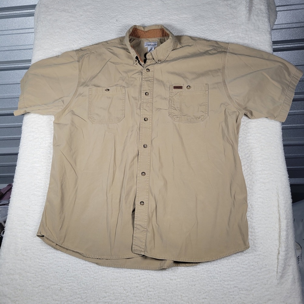 Carhartt Button Down Shirt Mens 2XL Tan Short Sleeve Cotton Canvas Workwear